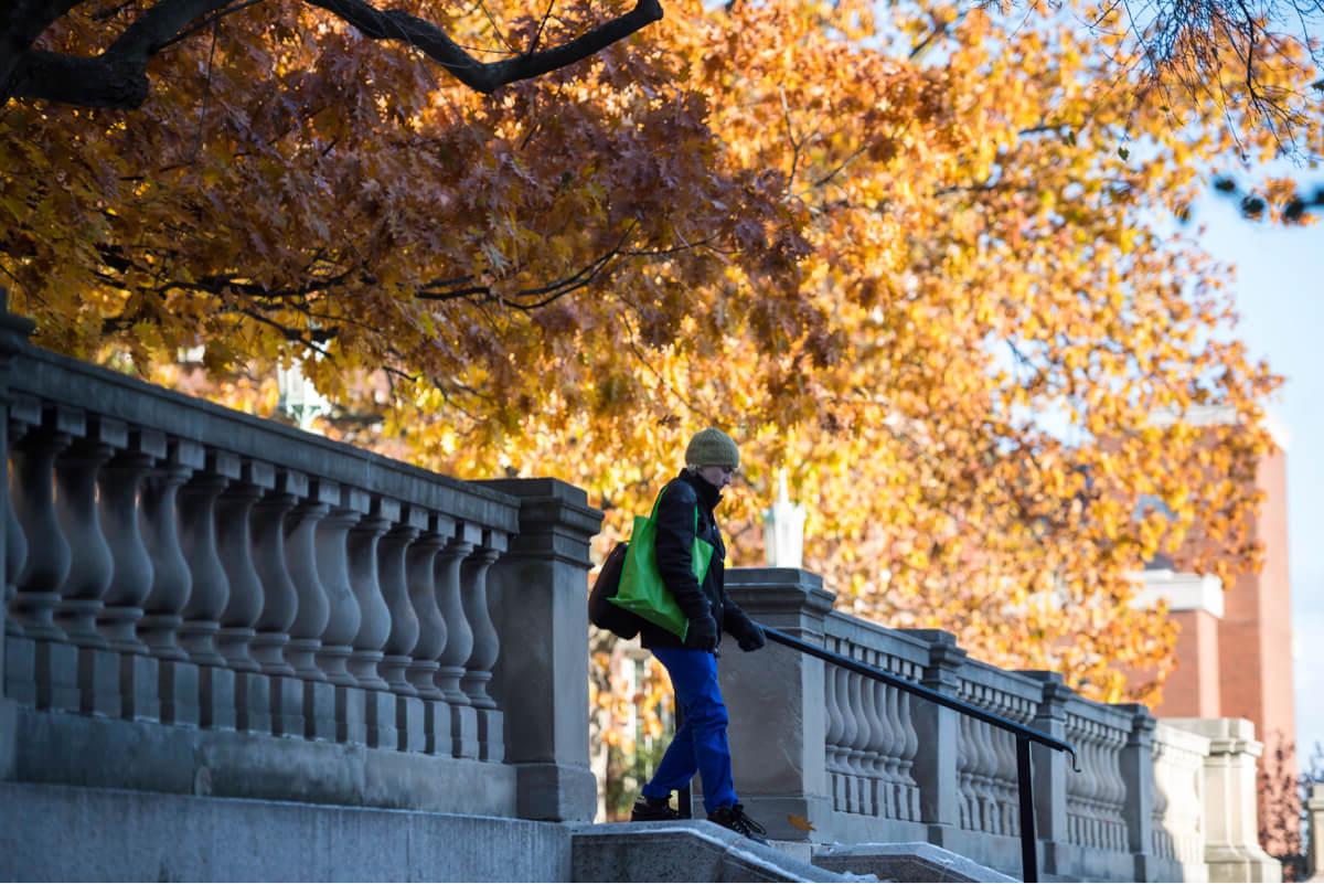 Person walks on Rush Rhees Library Quad