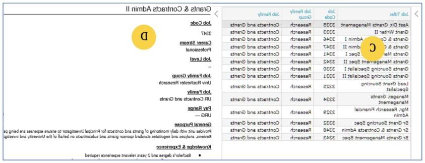 Job Profile page with a list of job title in the results table(on the left) and a description of the selected job on the right.