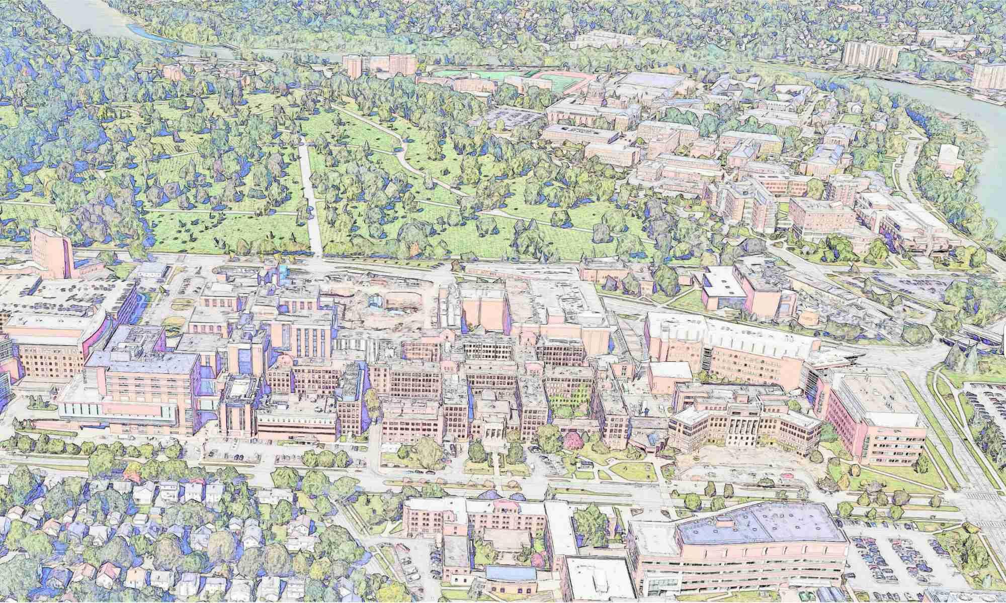 Aerial view of the River Campus and Medical Center Campus that has been posterized to illustrate campus master planning.